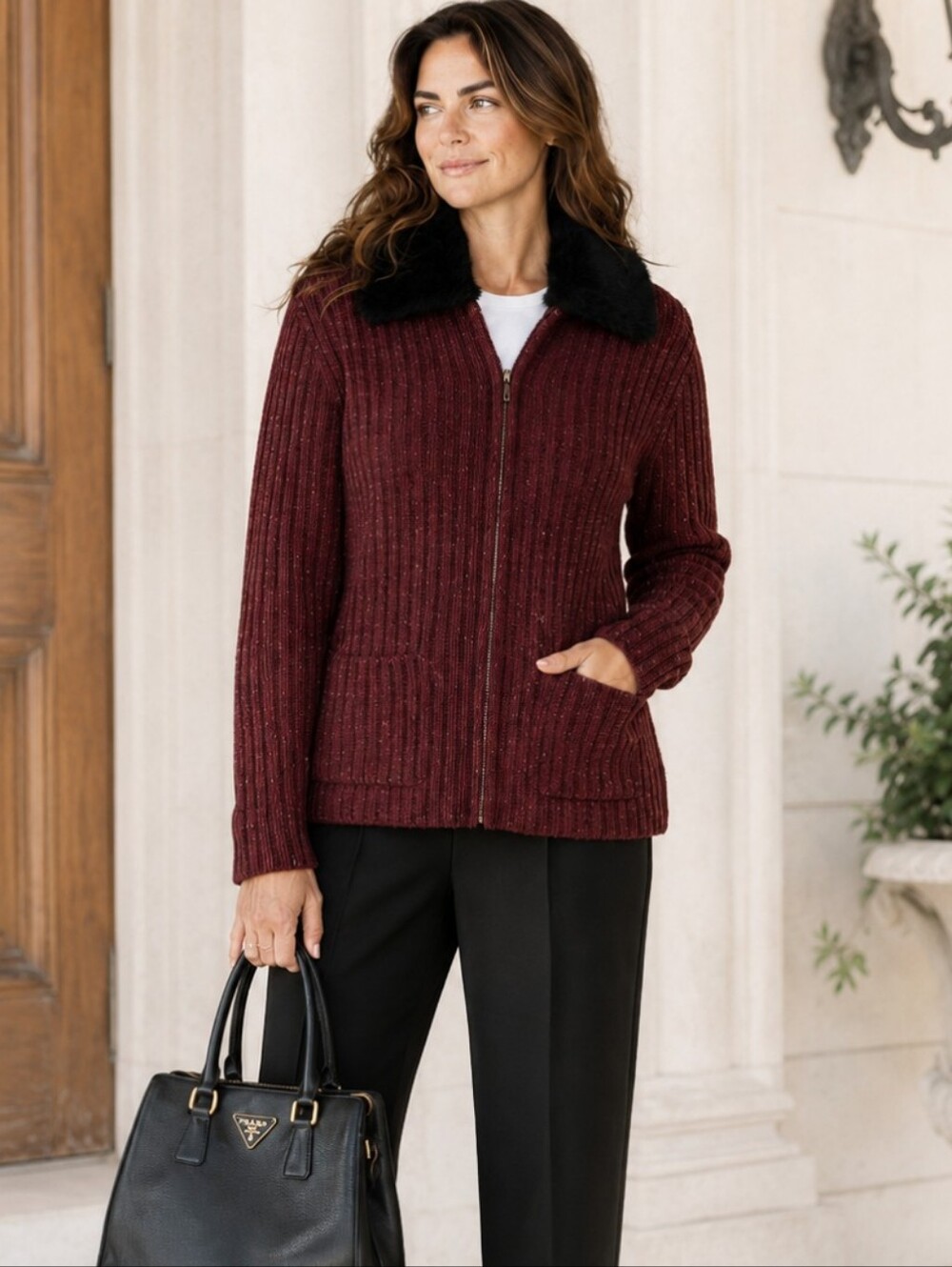 Vtg Burgundy Marled Ribbed Zip-Up Sweater Wool Blend Black Faux Fur Collar Sz S